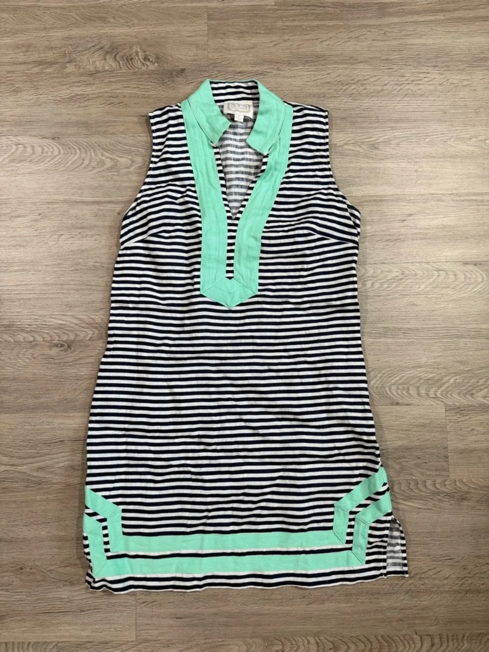 SAIL TO SABLE Linen Classic Sleeveless TUNIC DRESS Navy Stripe Mint M